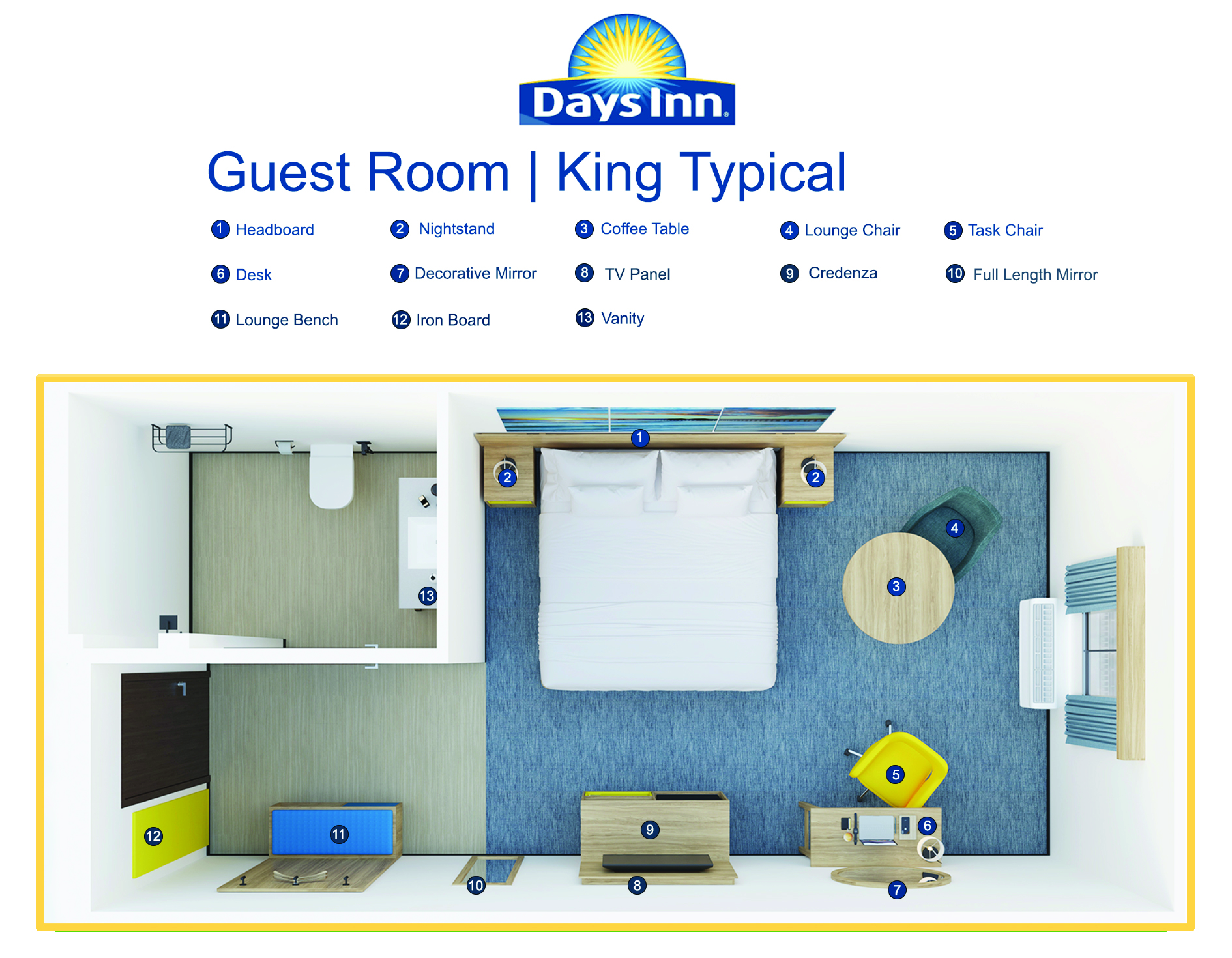 Guest room floor plan with numbered furniture legend
