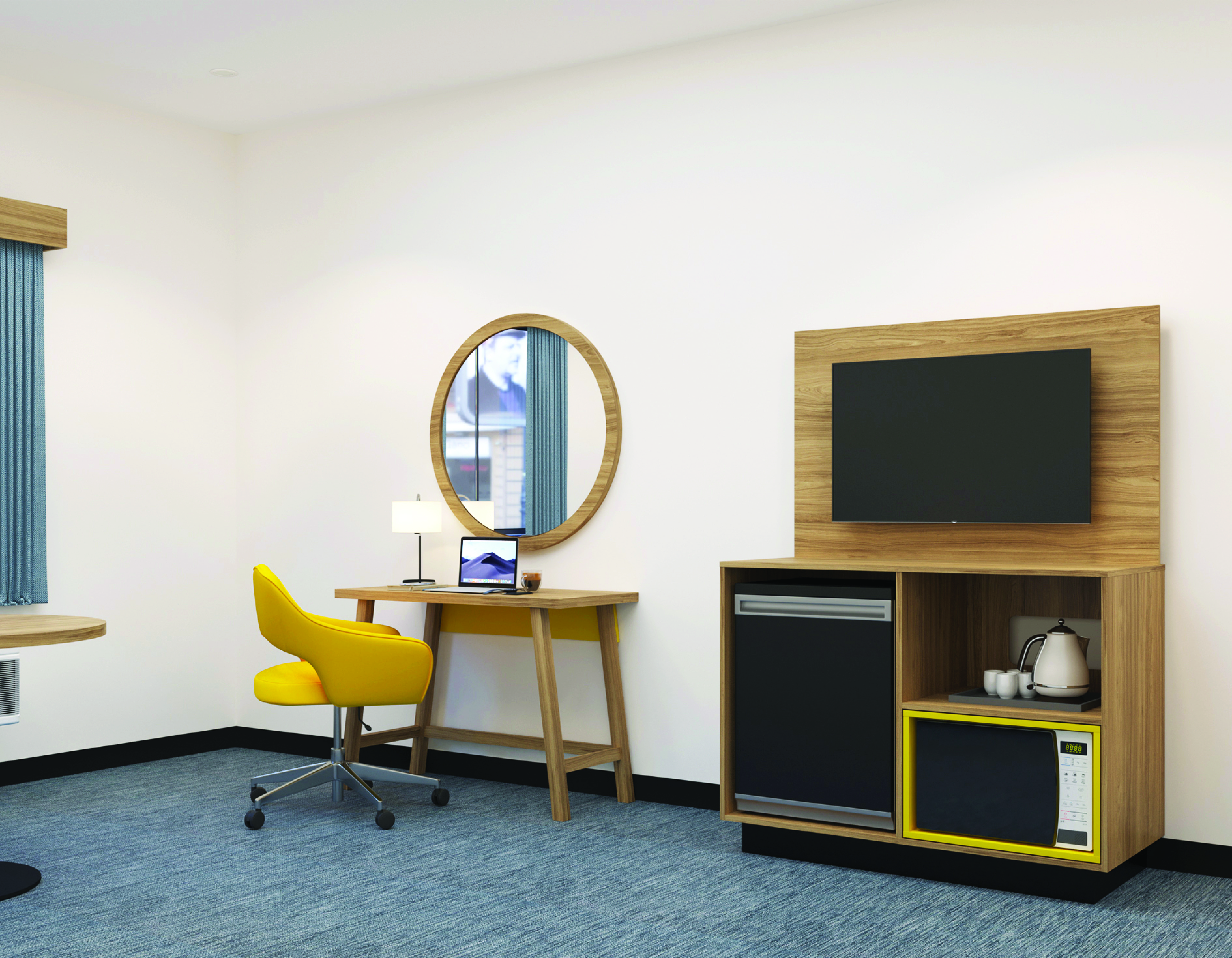 Guest room desk with round mirror, TV panel and mini refrigerator with kettle