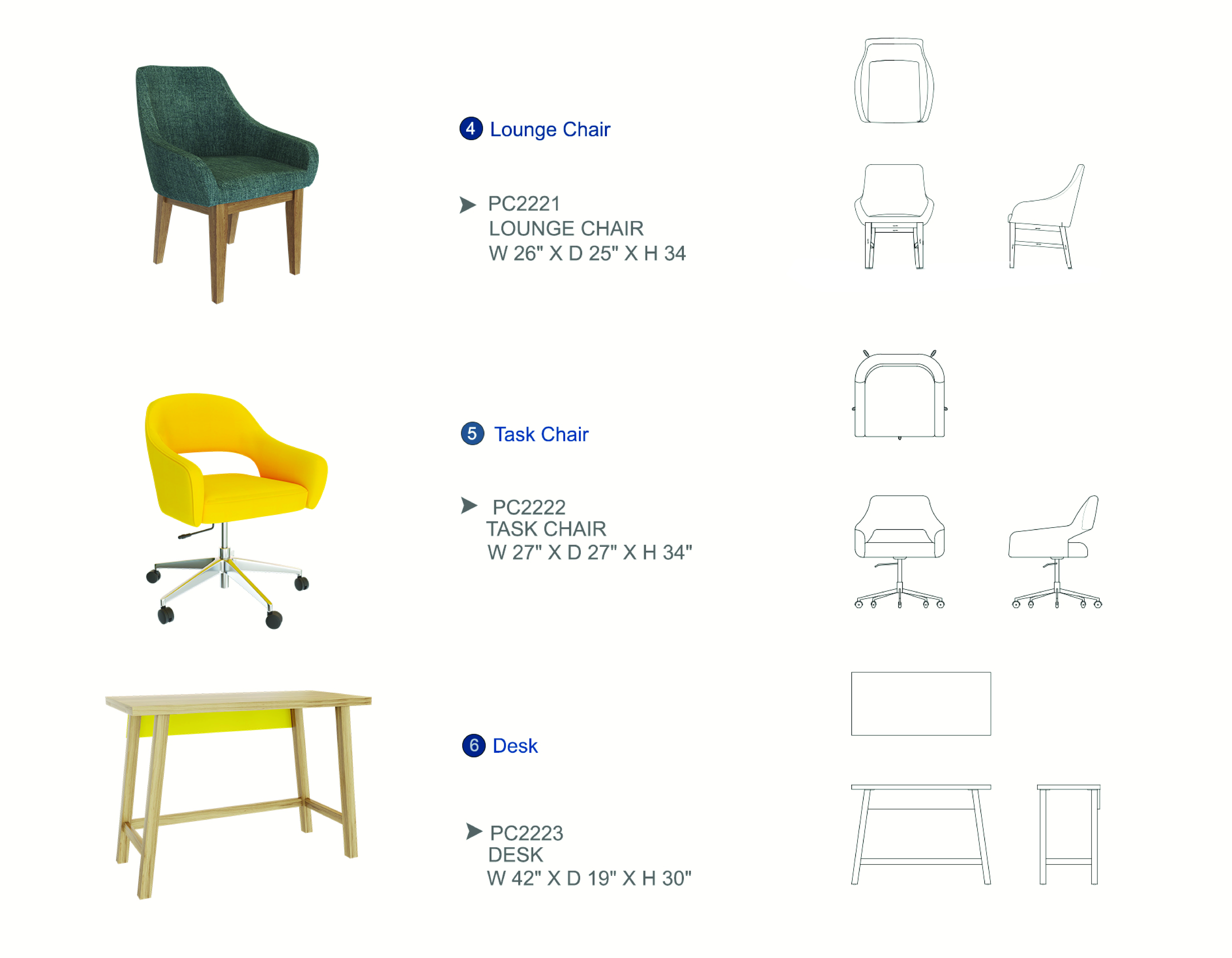 Furniture spec sheet: lounge chair, task chair and desk